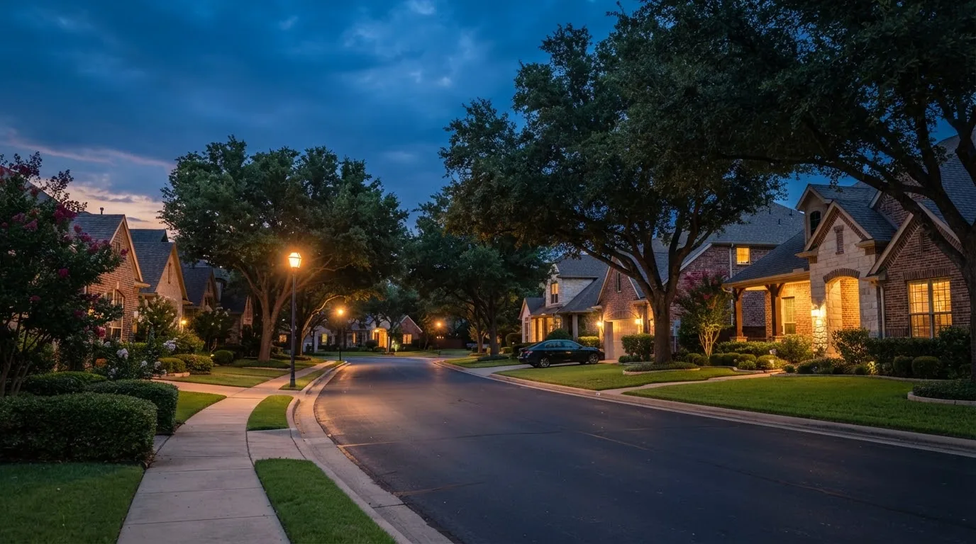 A quiet residential street at dusk, like the neighborhoods served in San Antonio